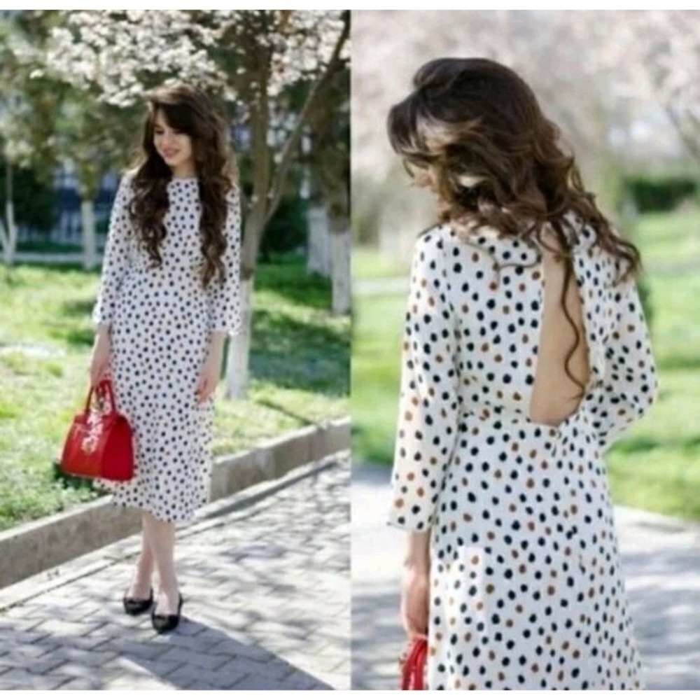 H&M Dress Open Back Midi Cream Black Brown Polka Dot Size 4 Vintage Style